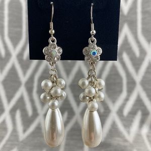 Earrings French Wire Pearl Drop with Crystal Floral Detail